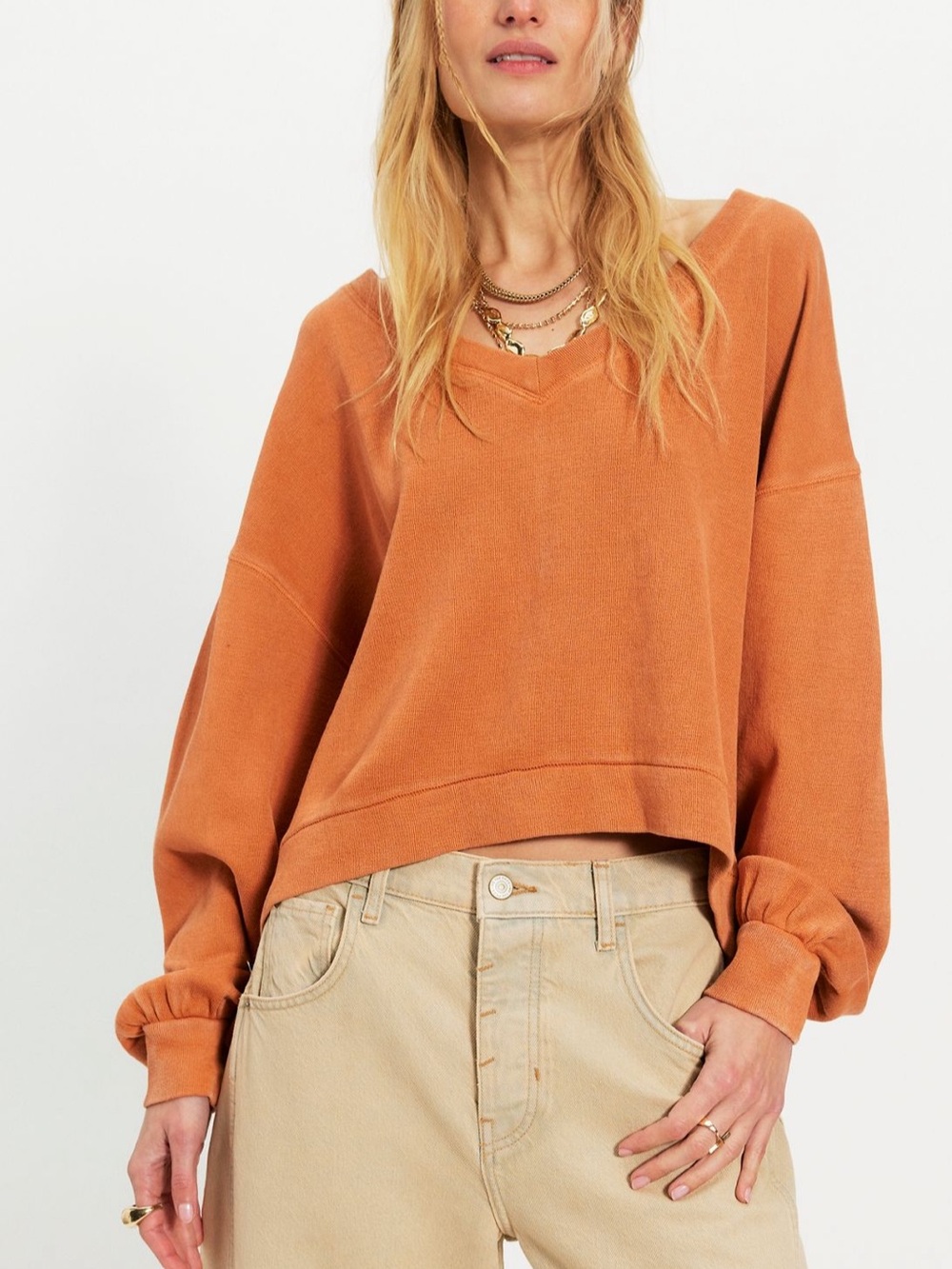 NWT Free People Comfort Zone V Neck Pullover Orange Fall Halloween Sweater Top